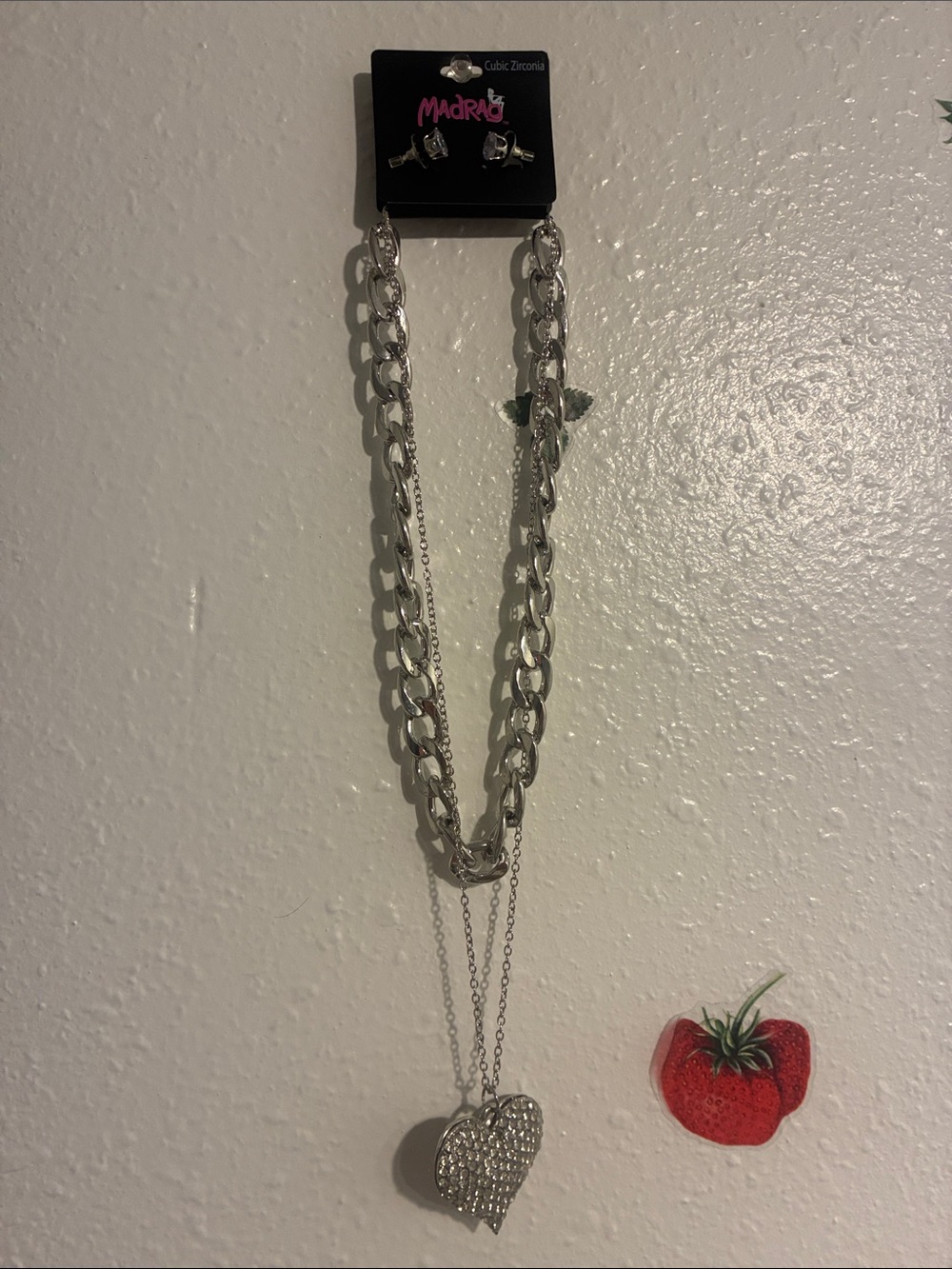 Silver Layered Heart Pendant Necklace with Crystal Accent